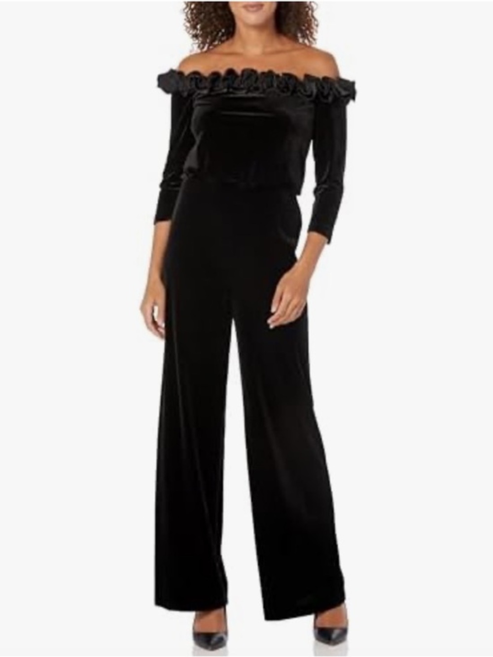 NWT Adrianna Papell Off-the-Shoulder Black Velvet Jumpsuit with Ruffle Trim